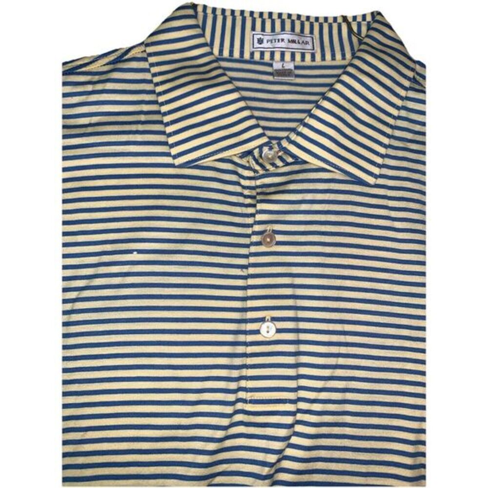 Peter Millar 100 % Cotton Mens Large Navy Blue‎ Yellow White Striped Golf Polo